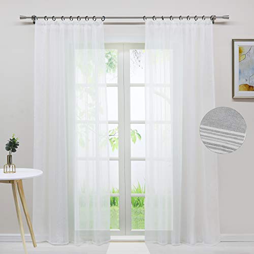 Delien Gardinen in Leinen-Optik Stores Gardine mit Streifen Muster Vorhänge Schlafzimmer transparent Vorhang Fensterschals mit Kräuselband, weiß (2er-Set, je 245x140cm) von Delien