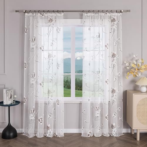 Delien Gardinen mit Kräuselband Ausbrenner Gardinenschals Transparente Modern Fenster Gardinen mit Blumenmuster Wohnzimmer Flächenvorhänge Dekoschals Vorhang 1 St. Weiß,BxH 140x145cm von Delien