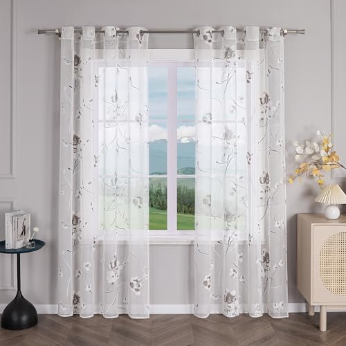 Delien Gardinen mit Ösen Ausbrenner Gardinenschals Transparente Modern Fenster Gardinen mit Blumenmuster Wohnzimmer Flächenvorhänge Deko Ösenschals Vorhang 1 St. Weiß,BxH 140x175cm von Delien