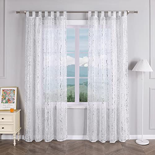 Delien Gardinen mit Schlaufen Modern Gardinenschals Wohnzimmer Transparente Fenster Gardinen Laudhaus Vorhang mit Zweige Muster »Äste« Dekoschals Flächenvorhänge 1 St. Silber,BxH 140x225cm von Delien