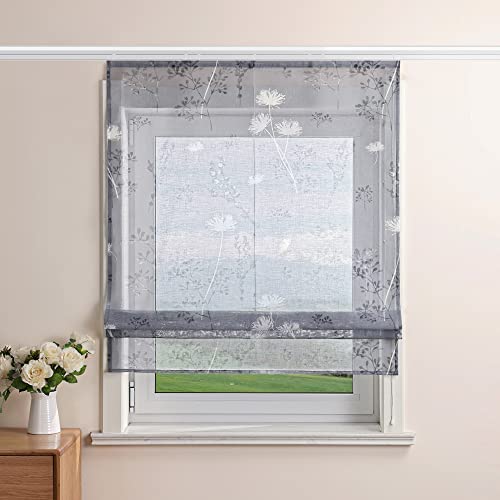 Delien Raffrollo Leinenoptik Transparente Rollos Landhaus Küche Gardine Modern Raffgardine mit Blumendruck »Löwenzahn« Bändchenrollo für Klein Fenster mit Klettband BxH 100x140cm,Grau von Delien