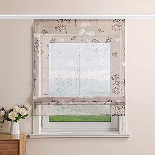 Delien Raffrollo Leinenoptik Transparente Rollos Landhaus Küche Gardine Modern Raffgardine mit Blumendruck »Löwenzahn« Bändchenrollo für Klein Fenster mit Klettband BxH 100x140cm,Sand von Delien