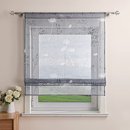 Delien Raffrollo Leinenoptik Transparente Rollos Landhaus Küche Gardine Modern Raffgardine mit Blumendruck »Löwenzahn« Bändchenrollo für Klein Fenster mit Tunnelzug BxH 100x140cm,Grau von Delien