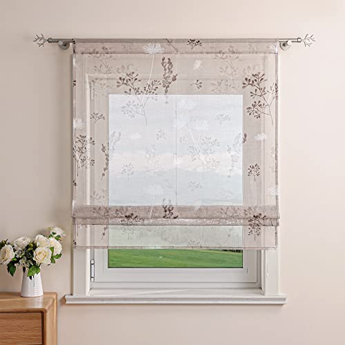 Delien Raffrollo Leinenoptik Transparente Rollos Landhaus Küche Gardine Modern Raffgardine mit Blumendruck »Löwenzahn« Bändchenrollo für Klein Fenster mit Tunnelzug BxH 100x140cm,Sand von Delien