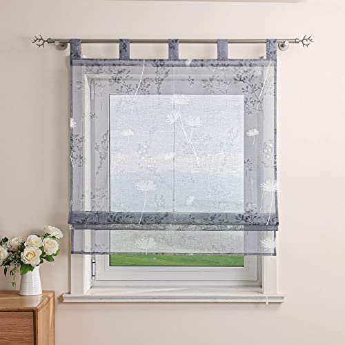 Delien Raffrollo Leinenoptik Transparente Rollos Landhaus Küche Gardine Modern Raffgardine mit Blumendruck »Löwenzahn« Schlaufenrollo für Klein Fenster mit Schlaufen BxH 100x140cm,Grau von Delien