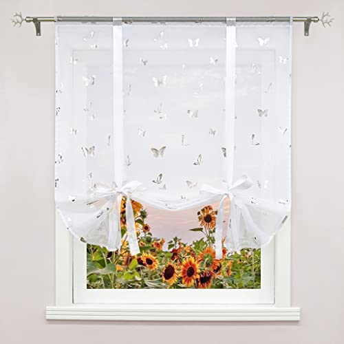 Delien Raffrollo Modern Transparente Raffgardine mit Schleife Deko Schals Küche Rollos »Schmetterling« Vorhang mit Muster Landhaus Fenster Gardine mit Durchstangenzug BxH 80x140cm,Silber von Delien