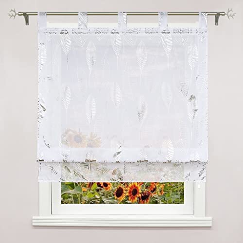 Delien Raffrollo Transparente Rollos Küche Gardine Modern Raffgardine Kurz Vorhang »Bananenblatt« Schlaufenrollo Schals für Fenster Gardinen mit Schlaufen BxH 140x140cm,Weiß von Delien