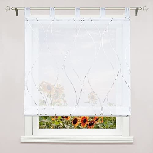 Delien Raffrollo Voile 1 Stück Gardinen mit Wellenmuster »Wogender Fluss« Streifen Transparente Rolls Küche Fenster Schlaufenrollo Modern Raffgardine für Wohnzimmer mit Schlaufen BxH 120x150cm,Silber von Delien