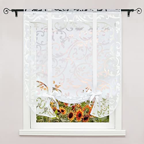 Delien Raffrollo Voile 1 Stück Transparente Ausbrenner Gardine mit Schleife Café Raffgardine mit Blumenmuster »Phönixschwanz« Raffvorhang Modern Küche Fenstergardine mit Tunnelzug BxH 80x140cm,Weiß von Delien