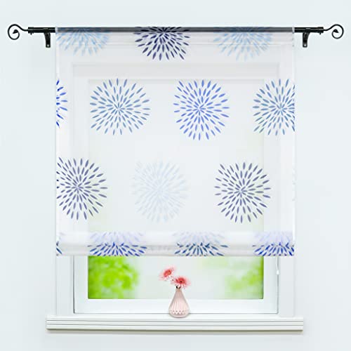 Delien Raffrollo mit Durchstangenzug Voile Transparente Raffgardine Kurzer Vorhang Store rollos mit Kreismuster »Feuerwerk« Küche Fenster Wohnzimmer Gardine 1 St. BxH 60x140cm,Blau von Delien