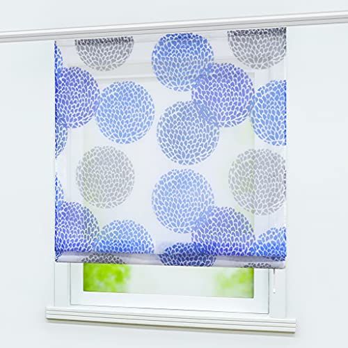 Delien Raffrollo mit Klettband Voile Raffgardine Kurzer Vorhang mit Kreismuster Bändchenrollo Küche »Litchi« Kurzschals Cafe Fenster Gardine 1 Stück BxH 60x140cm,Blau von Delien