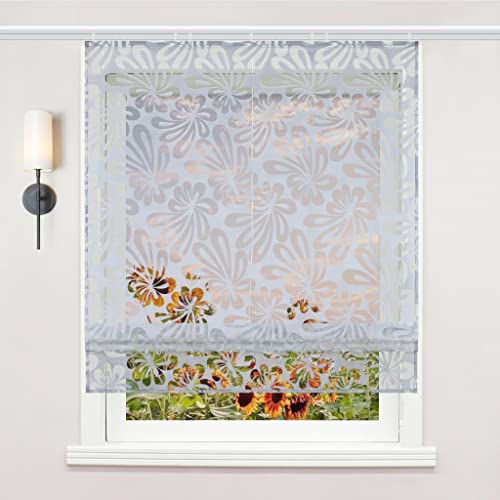 Delien Raffrollo mit Klettband Voile Transparente Ausbrenner Gardine Raffgardine Modern Raffvorhang mit Blumenmuster Kurzschals Bändchenrollo Küchengardinen 1 St. BxH 140x140cm,Grau von Delien