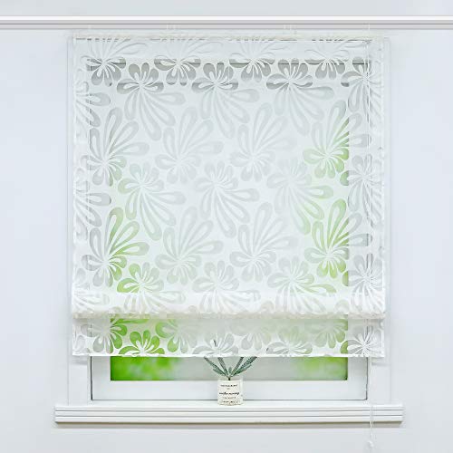 Delien Raffrollo mit Klettband Voile Transparente Ausbrenner Gardine Raffgardine Modern Raffvorhang mit Blumenmuster Kurzschals Bändchenrollo Küchengardinen 1 St. BxH 140x140cm,Weiß von Delien