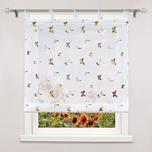 Delien Raffrollo mit Schlaufen Transparente Raffgardine Kurz Vorhang Schlaufenrollo Modern Schals »Schmetterling« Küche Store Fenster Wohnzimmer Gardine 1 St. BxH 100x150cm,Gold von Delien