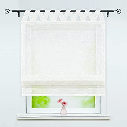 Delien Raffrollo mit V Schlaufen Transparente Raffgardine Rolls Küche Kurz Vorhang Bestickt »Kopfstein« Bändchenrollo Schals Wohnzimmer Kleinfenster Gardine 1 St. BxH 120x140cm,Weiß von Delien