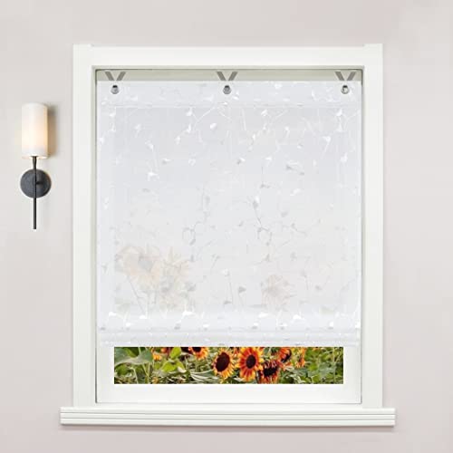 Delien Raffrollo ohne Bohren Voile Transparente Raffgardine Ösenrollo mit Silber Elektrisches Muster Kurzschals Modern Fenstergardine mit Hakenaufhängung 1 St. BxH 45x130cm,Weiß von Delien