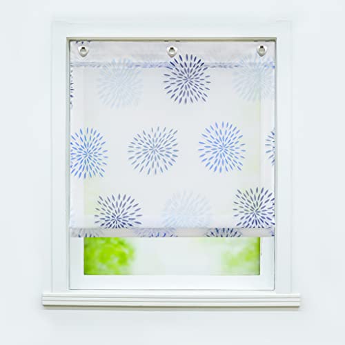 Delien Raffrollo ohne Bohren mit Hakenaufhängung Transparente Raffgardine Kurzer Vorhang Ösenrollo mit Kreismuster »Feuerwerk« Küche Fenster Wohnzimmer Gardine 1 St. BxH 80x140cm,Blau von Delien