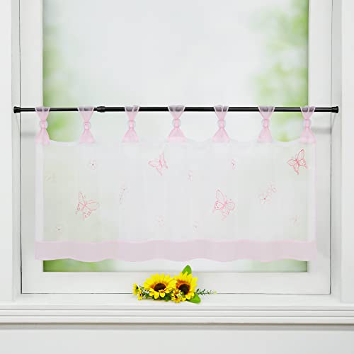 Delien Scheibengardine Voile Bistrogardinen mit Schlaufen Küchen Kurzstore Stickerei »Schmetterling« Transparente Durchstangenzug Stores Gardine Kurzvorhang BxH 120x45cm,Rosa von Delien