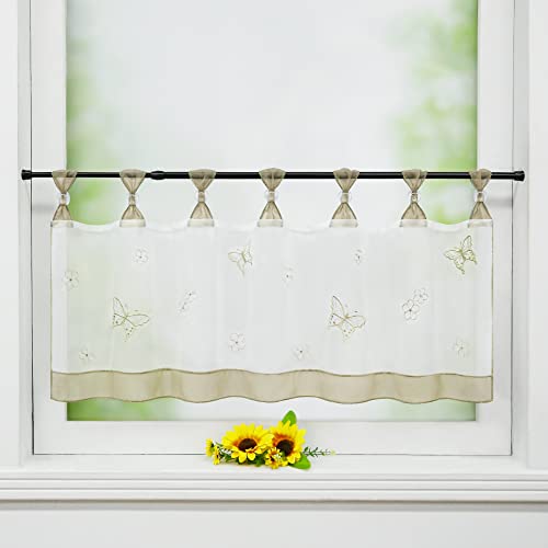 Delien Scheibengardine Voile Bistrogardinen mit Schlaufen Küchen Kurzstore Stickerei »Schmetterling« Transparente Durchstangenzug Stores Gardine Kurzvorhang BxH 120x45cm,Sand von Delien