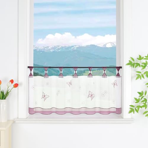 Delien Scheibengardine Voile Bistrogardinen mit Schlaufen Küchen Kurzstore Stickerei »Schmetterling« Transparente Durchstangenzug Stores Gardine Kurzvorhang BxH 120x45cm,Violett von Delien