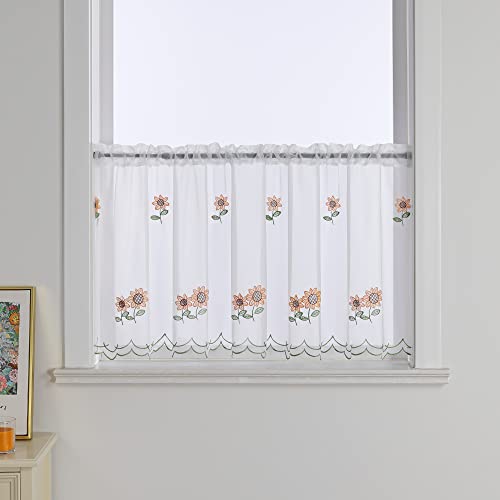 Delien Scheibengardine Voile Bistrogardinen mit Tunnelzug Küchen Kurzstore Stickerei »Sonnenblume« Transparente Durchstangenzug Stores Gardine Landhaus Kurzvorhang BxH 200x60cm von Delien