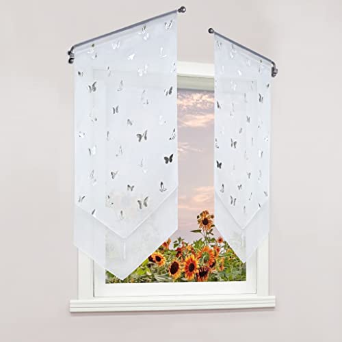 Delien Scheibengardinen 1 stück Voile Bistrogardinen Transparente Gardinen Doppelschicht Kurzgardinen mit Quaste »Schmetterling« Kurzstores Kurzvorhang mit Durchstangenzug BxH 60x90cm,Silber von Delien