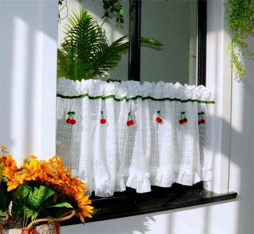 Delien Scheibengardinen mit Tunnelzug Landhaus Bistrogardine Transparente Gardine Küche »Kirsche« Kurz Stores Modern Garten Dekorative Weiß Fenster Gaze Vorhang Breite x Höhe 100x60cm von Delien