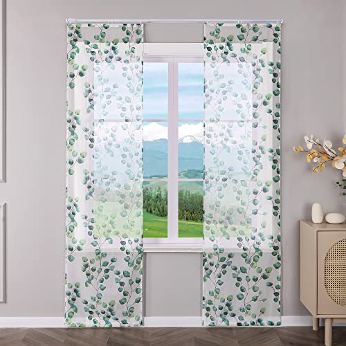 Delien Schiebevorhänge 2er Set Transparente Schiebegardinen Modern Flächenvorhänge Wohnzimmer »Blätter« Vorhang mit Blattmuster Fenster Gardinen Schals mit Klettband BxH 57x145cm,Grün von Delien