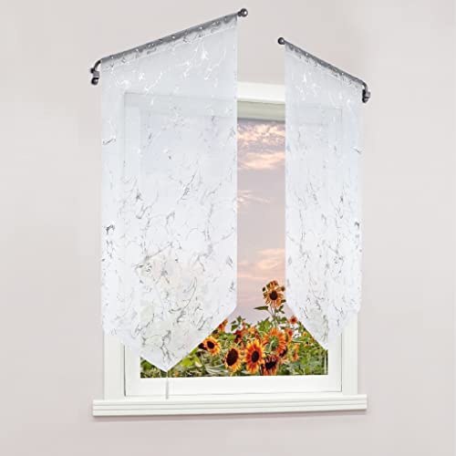 Delien Voile 1 St. Scheibengardine Modern Türgardine Transparente Bistrogardinen mit Silbermuster Kurzstores Küche Fenster Kurz Gardine mit Quaste Panneaux mit Tunnelzug BxH 40x90cm,Weiß von Delien