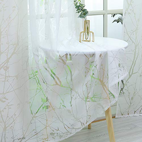 Delien Voile Ausbrenner Gardine mit Äste Muster transparenter Vorhang mit Kräuselband Wohnzimmer Gardinenschals BxH 140x245cm Weiß 1 St. von Delien