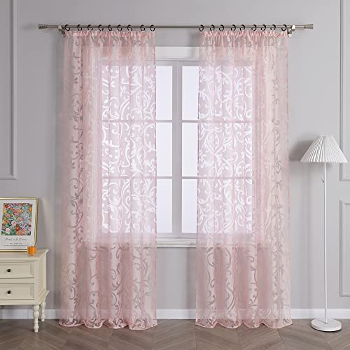 Delien Voile Ausbrenner Gardine mit Ranken Muster transparenter Vorhang mit Kräuselband Wohnzimmer Gardinenschals BxH 140x225cm Pink 1 St. von Delien