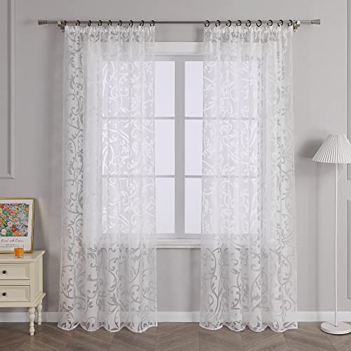 Delien Voile Ausbrenner Gardine mit Ranken Muster transparenter Vorhang mit Kräuselband Wohnzimmer Gardinenschals BxH 140x225cm Weiß 1 St. von Delien