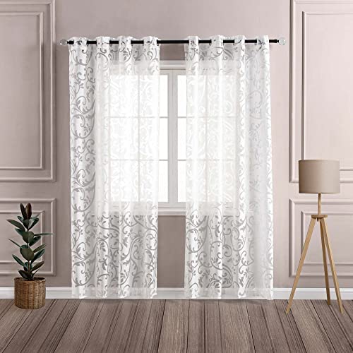 Delien Voile Ausbrenner Gardine mit Ranken Muster transparenter Vorhang mit Ösen Wohnzimmer Gardinenschals BxH 140x175cm Weiß 1 St. von Delien