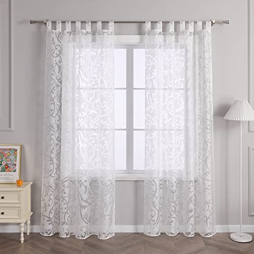 Delien Voile Ausbrenner Gardine mit Ranken Muster transparenter Vorhang mit Schlaufen Wohnzimmer Gardinenschals BxH 140x175cm Weiß 1 St. von Delien