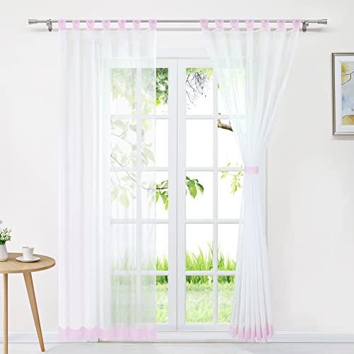 Delien Voile Gardine Transparent Vorhang Gardinenschals Modern Schlaufenschal Fensterschal Wohnzimmer Fenster Gardinen Farbnähte Vorhänge mit Schlaufen 1 Stück BxH 140x245cm,Rosa von Delien