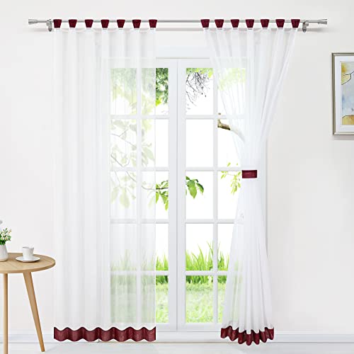 Delien Voile Gardine Transparent Vorhang Gardinenschals Modern Schlaufenschal Fensterschal Wohnzimmer Fenster Gardinen Farbnähte Vorhänge mit Schlaufen 1 Stück BxH 140x245cm,Weinrot von Delien