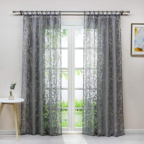 Delien Voile Gardine Unifarbener Elegante Ausbrenner Ranken-Muster transparenter Vorhang mit Kräuselband Wohnzimmer Gardinenschals 145x140cm Grau, 1 St. von Delien