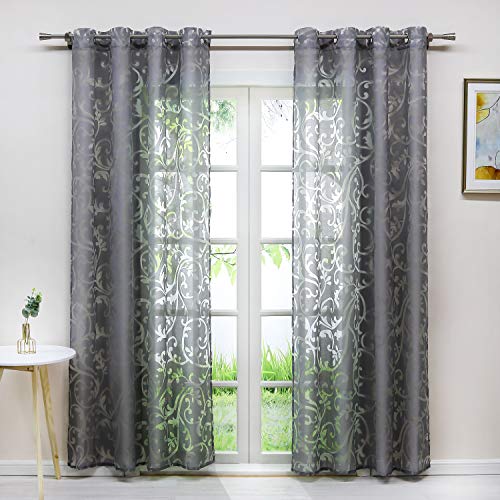 Delien Voile Gardine Unifarbener Elegante Ausbrenner Ranken-Muster transparenter Vorhang mit Ösen Wohnzimmer Gardinenschals 225x140cm Grau, 1 St. von Delien