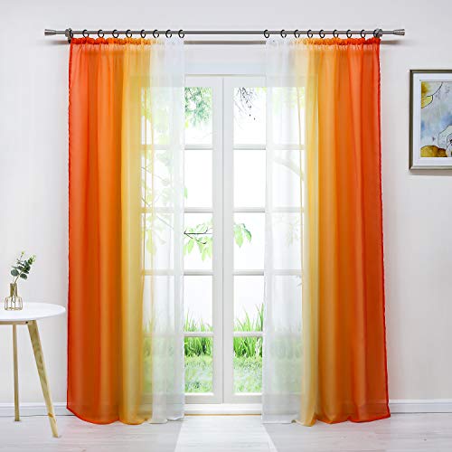 Delien Voile Gardine mit Farbverlauf Design transparenter Vorhang mit Kräuselband Wohnzimmer Fensterschals (2 Stück, je 145x140cm), orange von Delien