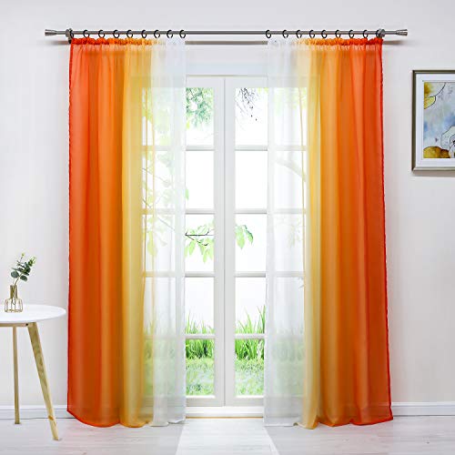 Delien Voile Gardine mit Farbverlauf Design transparenter Vorhang mit Kräuselband Wohnzimmer Fensterschals (2 Stück, je 175x140cm), orange von Delien