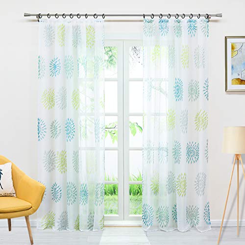 Delien Voile Gardine mit Kreis-Motiven Druck transparenter Vorhang mit Kräuselband Wohnzimmer Gardinenschals BxH 140x145cm Grün 1 Stück von Delien