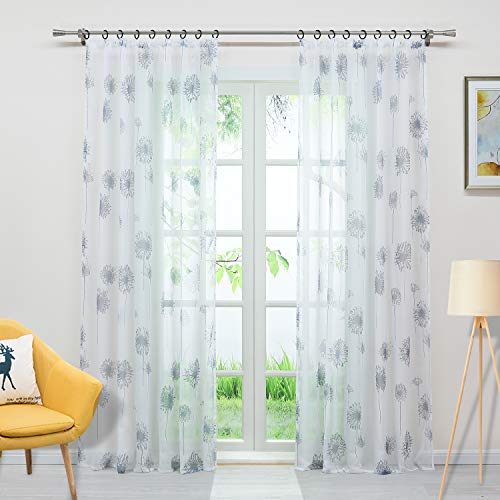 Delien Voile Gardine mit Pusteblume-Motiven Druck transparenter Vorhang mit Kräuselband Wohnzimmer Gardinenschals BxH 140x245cm Weiß 1 Stück von Delien