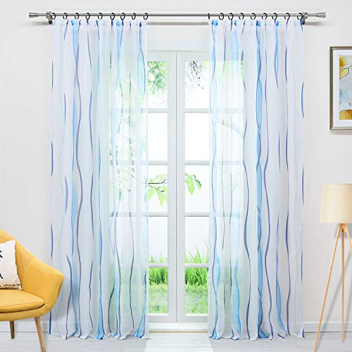 Delien Voile Gardine mit Streifen Design transparenter Vorhang mit Kräuselband Wohnzimmer Gardinenschals BxH 140x225cm Blau, 1 St. von Delien
