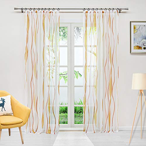 Delien Voile Gardine mit Streifen Design transparenter Vorhang mit Kräuselband Wohnzimmer Gardinenschals BxH 140x225cm Orange, 1 St. von Delien
