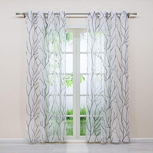 Delien Voile Gardine mit modernem Branch Muster transparente Gardinen mit Ösen Wohnzimmer Gardinenschals 145x140 cm Grau 1 St. von Delien