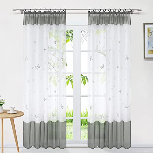 Delien Voile Gardinen Modern Transparente Gardinenschals Landhaus für Wohnzimmer »Schmetterling« Vorhang mit Stickerei Flächenvorhänge Fenster Schal mit Kräuselband 1 St.,BxH 140x145cm,Grau von Delien