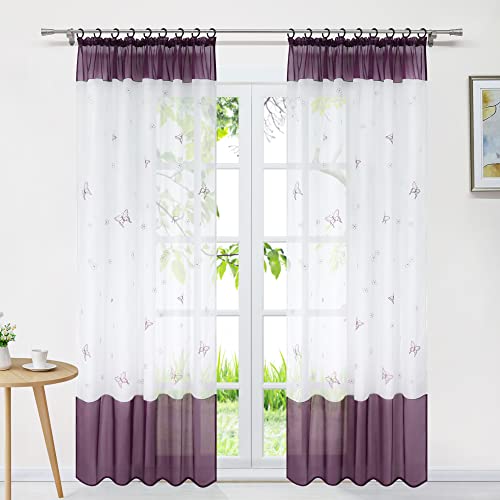 Delien Voile Gardinen Modern Transparente Gardinenschals Landhaus für Wohnzimmer »Schmetterling« Vorhang mit Stickerei Flächenvorhänge Fenster Schal mit Kräuselband 1 St.,BxH 140x145cm,Violett von Delien