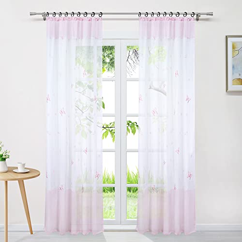 Delien Voile Gardinen Modern Transparente Gardinenschals Landhaus für Wohnzimmer »Schmetterling« Vorhang mit Stickerei Flächenvorhänge Fenster Schal mit Kräuselband 1 St.,BxH 140x175cm,Rosa von Delien