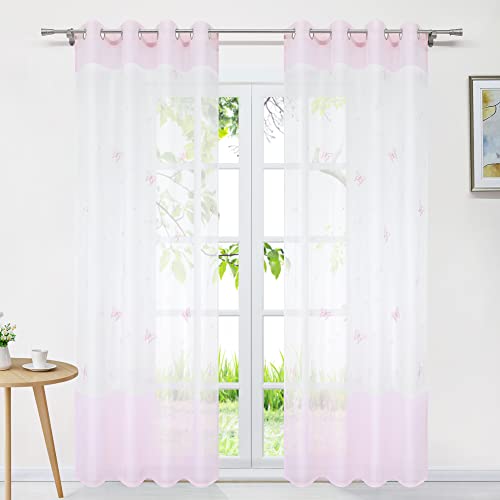 Delien Voile Gardinen Modern Transparente Gardinenschals Landhaus für Wohnzimmer »Schmetterling« Vorhang mit Stickerei Flächenvorhänge Fenster Schal mit Ösen 1 St.,BxH 140x245cm,Rosa von Delien