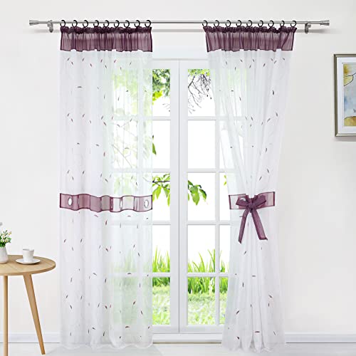 Delien Voile Gardinenschals Transparente Gardinen mit Kräuselband Modern für Wohnzimmer Dekoschal Stores Flächenvorhänge Landhaus Fenster Schals Vorhang mit Stickerei 1 St.,BxH 140x175cm,Violett von Delien